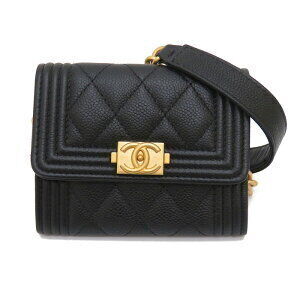 CHANEL Boy Flap Coin Purse Shoulder Bag Chain Grained Calfskin Caviar Skin Black